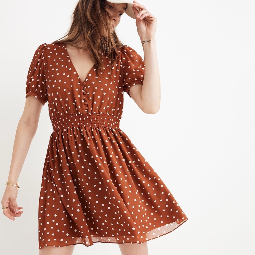 Madewell Smocked-Waist Mini Dress in Inkspot Dots size small
